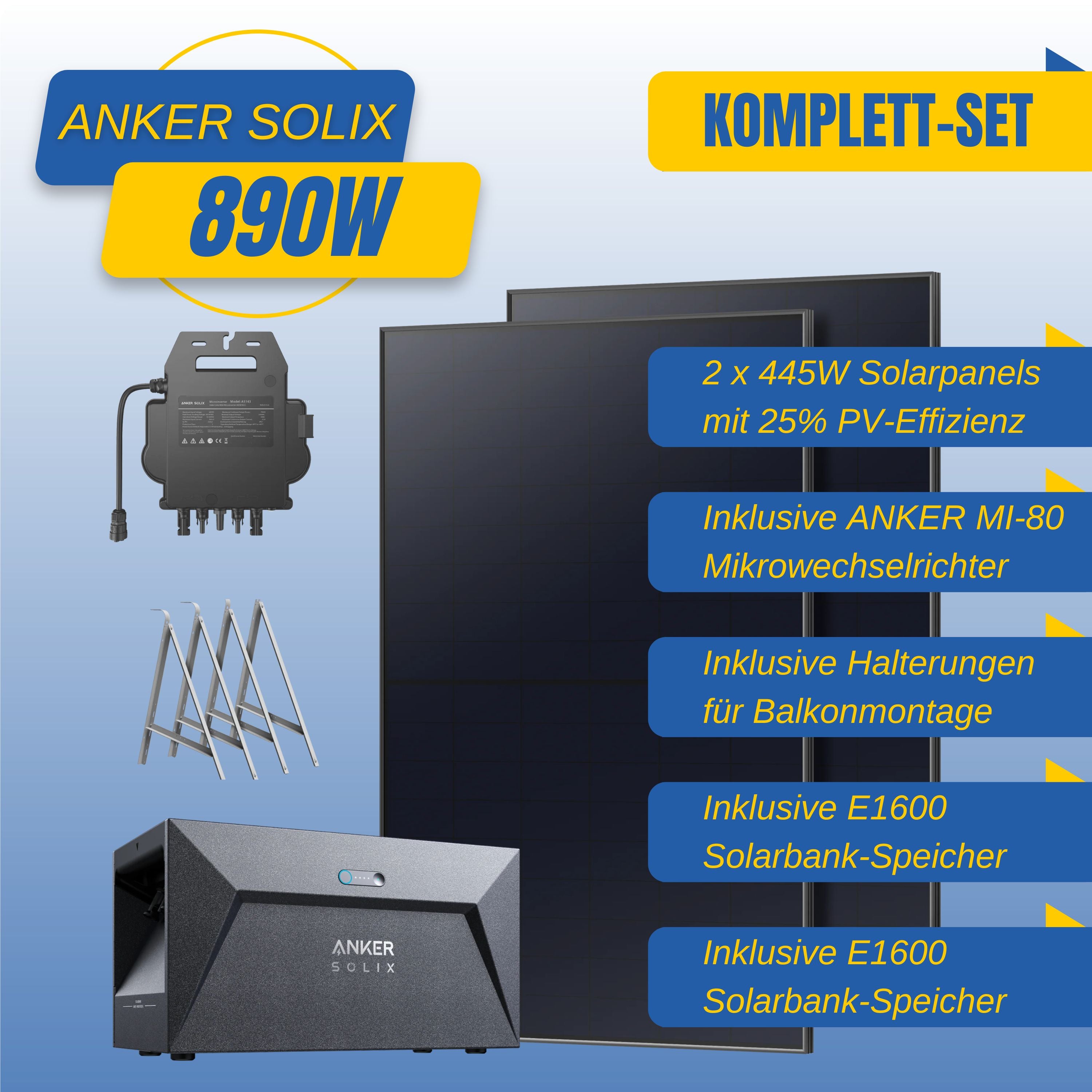 Anker SOLIX Balkonkraftwerk RS40P 890W mit 2 x 445Wp, MI80 Wechselrichter, E1600 Solarbank 1600Wh